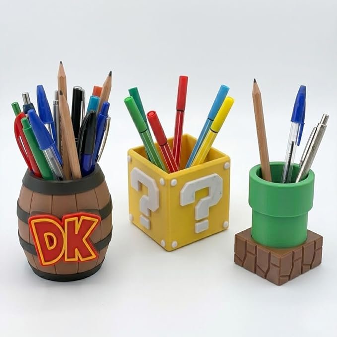 Kit 3 Organizadores de Mesa Super Mario Donkey Kong Bloco Interrogação Cano Verde