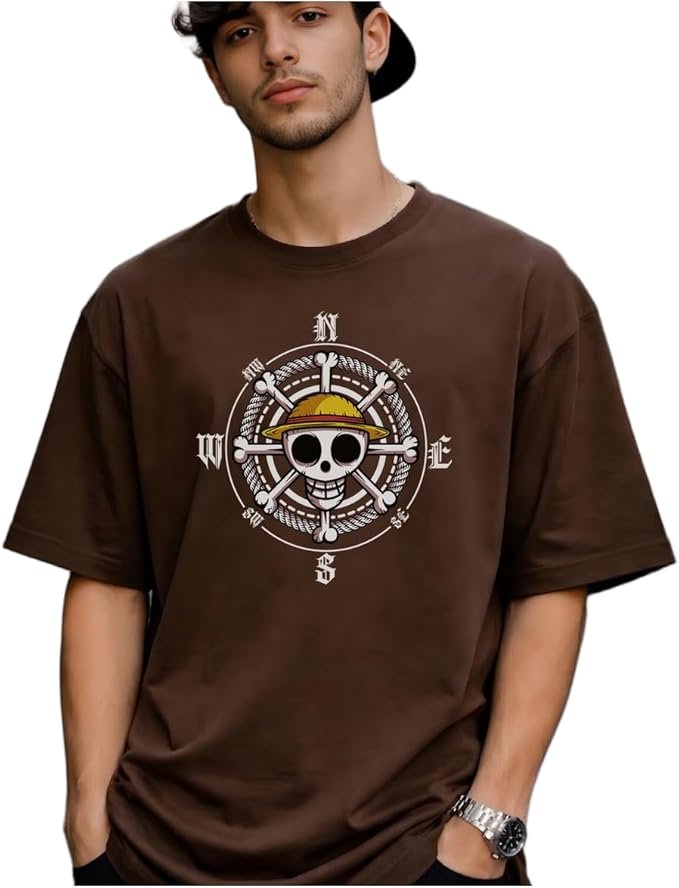 Camiseta Oversized Masculina One Piece Luffy Caveira Bússola 100% Algodão Anime
