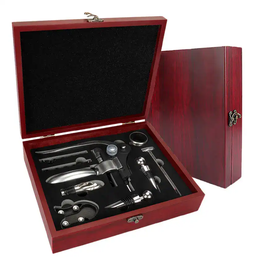 Kit Para Vinho 9 Peças Caixa Madeira sommelier completo