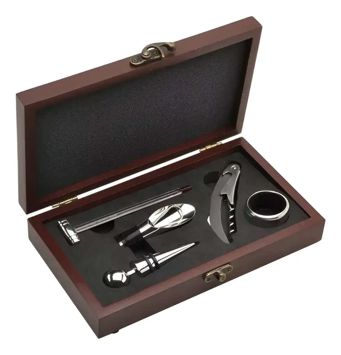 Kit Porta Vinho Inox 5 peças caixa de Madeira presente
