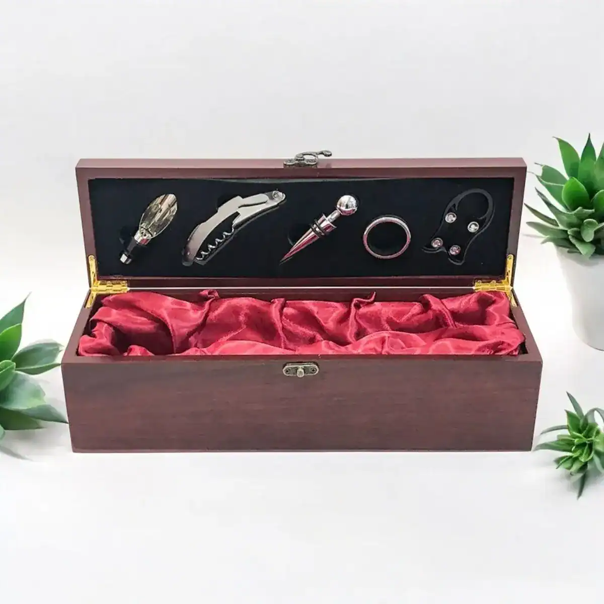 Kit Porta Vinho Luxo 5 peças caixa Madeira TopGet