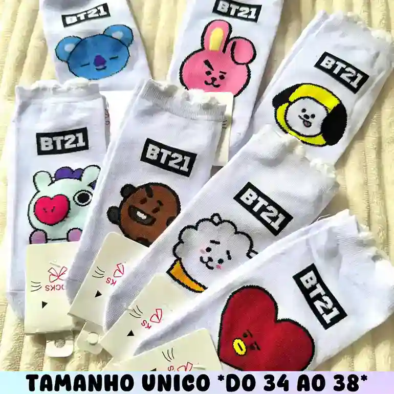 Meias Bt21 Fofas Confortáveis E Estilosas K-pop Bts Branca