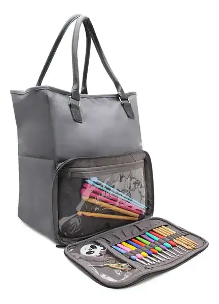 Bolsa de Alça Para Fios Cinza com Bolso Externo de Zíper crochê