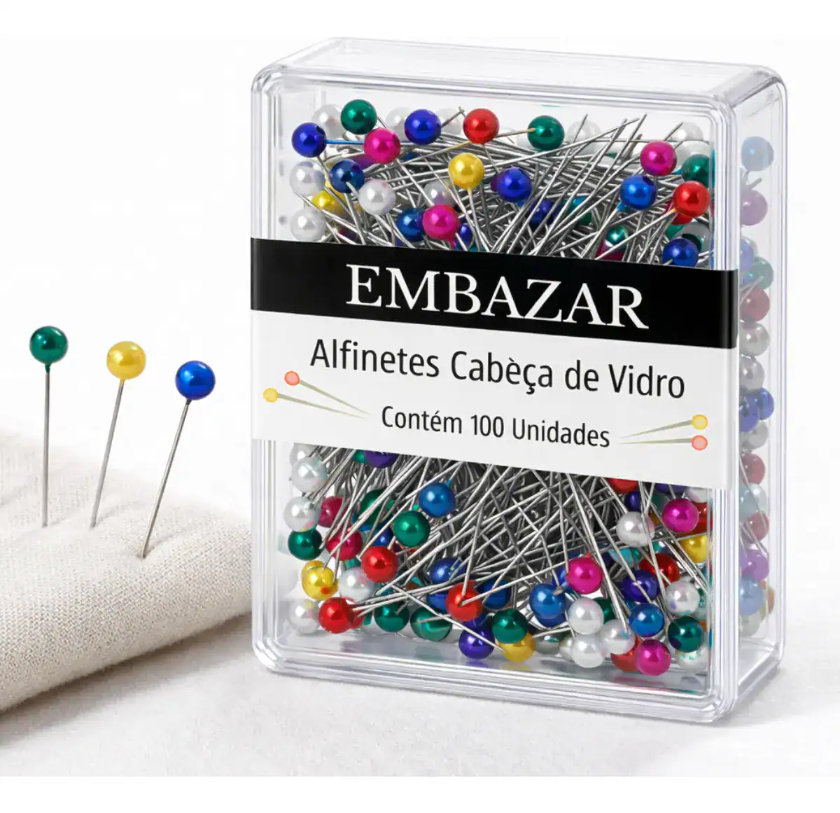Kit 100 Alfinetes Tipo Cabeça de Vidro
