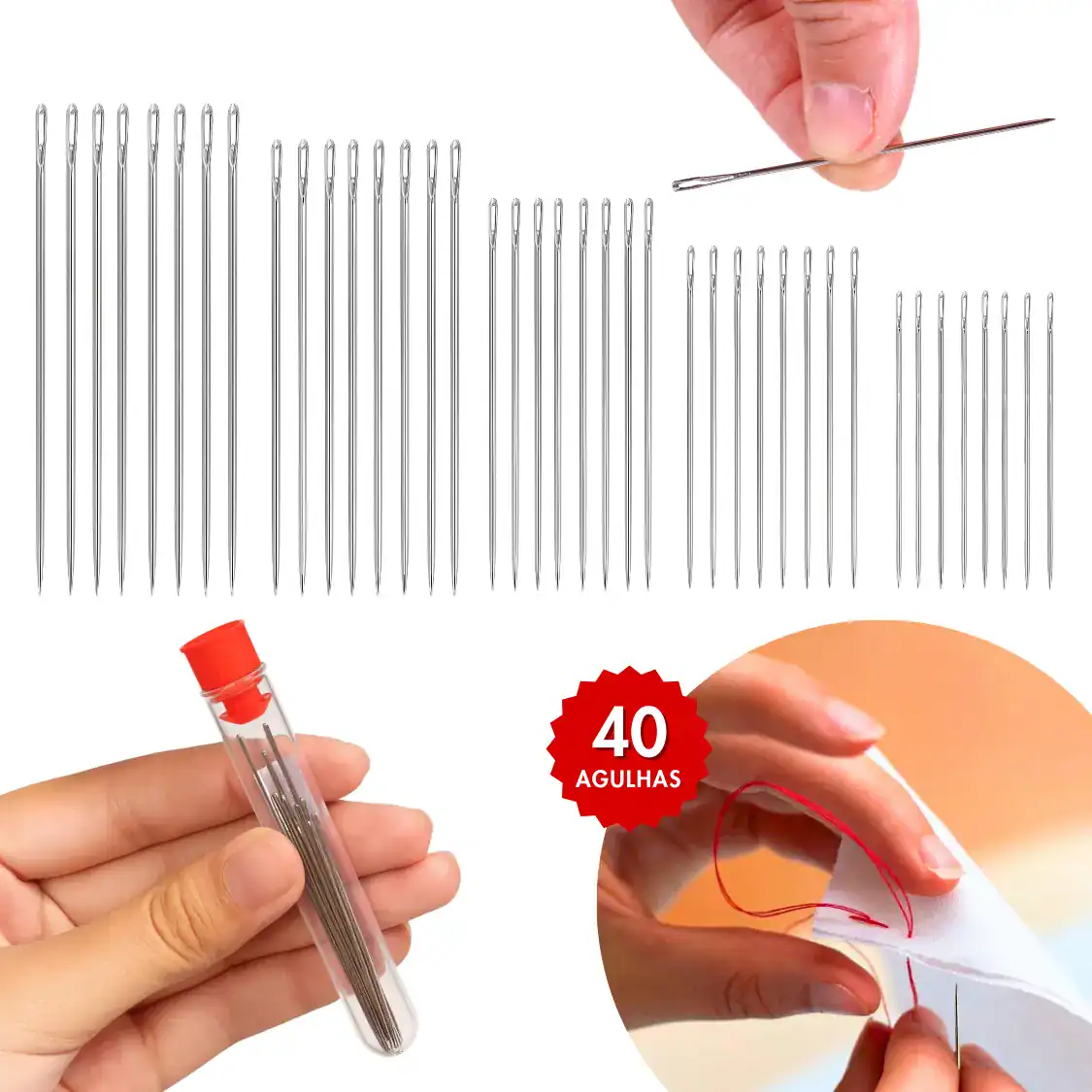 Kit 40 Agulhas Costura Manual 5 Tamanhos Aço Inoxidável