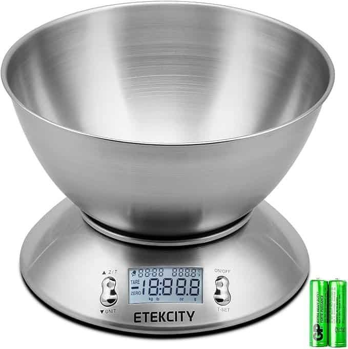 Balança digital de cozinha alta precisão com tigela prata visor LCD