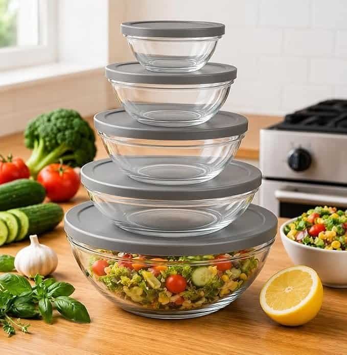 Conjunto de 5 Bowls de Vidro com Tampa herméticos transparentes confeitaria