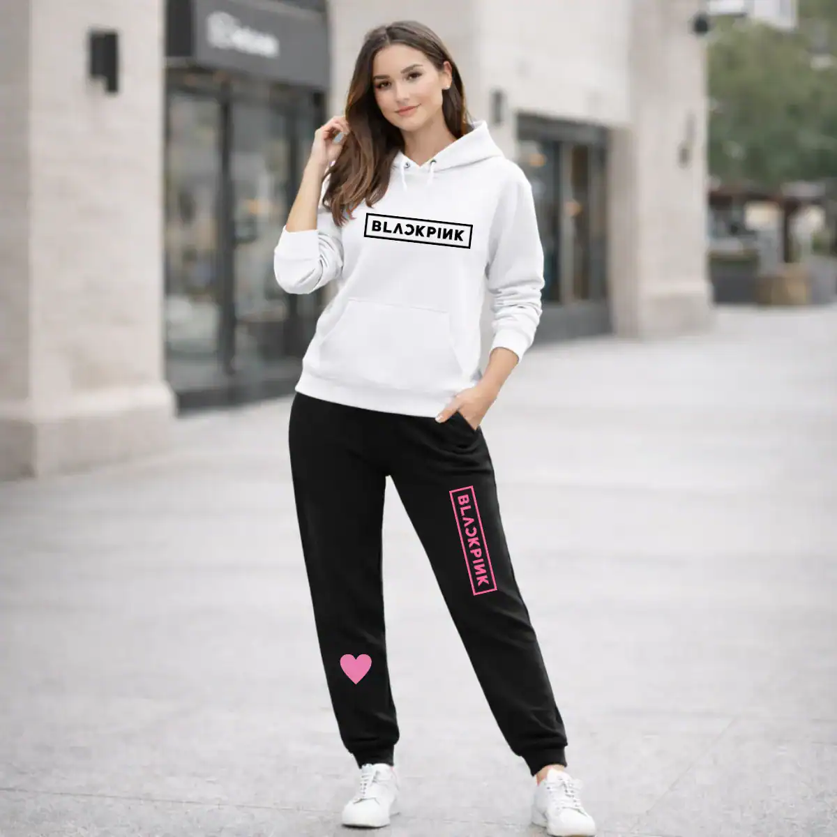 Conjunto Moletom Blackpink Branco e Calça Preta