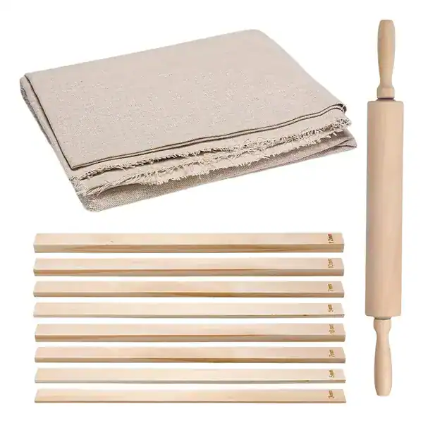 Conjunto com tela de lona, rolo de madeira e guias de espessura para cerâmica