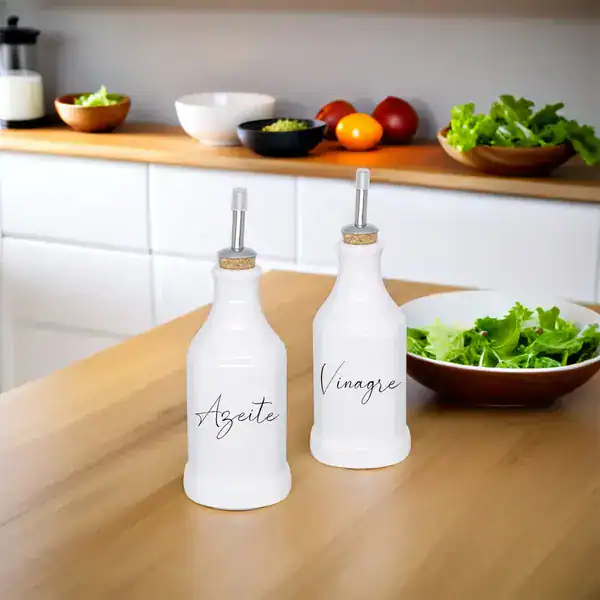 Conjunto 2 garrafas galheteiro de porcelana para azeite e vinagre mesa italiana