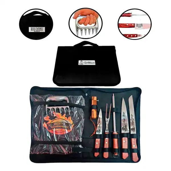 Kit churrasco em estojo com afiador, faca e garfo personalizados com nome