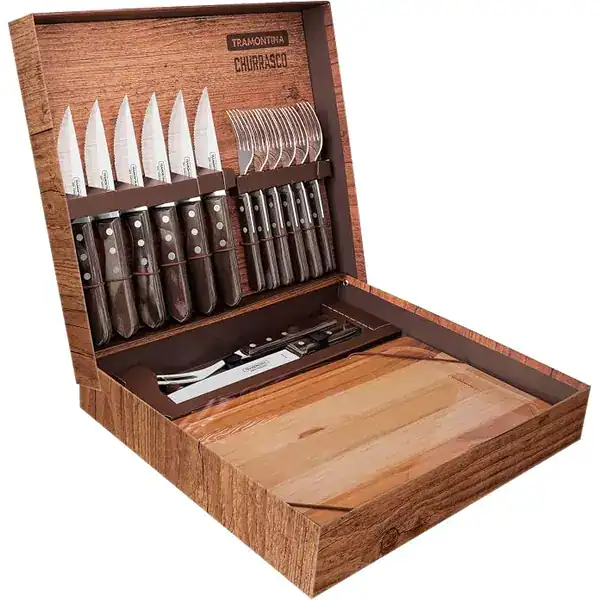 Kit churrasco Tramontina Polywoo com 15 peças em maleta de madeira castanha aberta