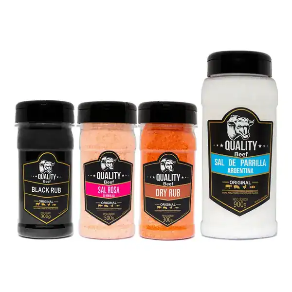 Kit churrasco com sal rosa, sal de parrilla e dry black rub Quality Beef