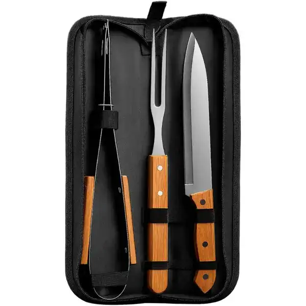 Kit de churrasco com 3 peças em aço inox e cabo de madeira