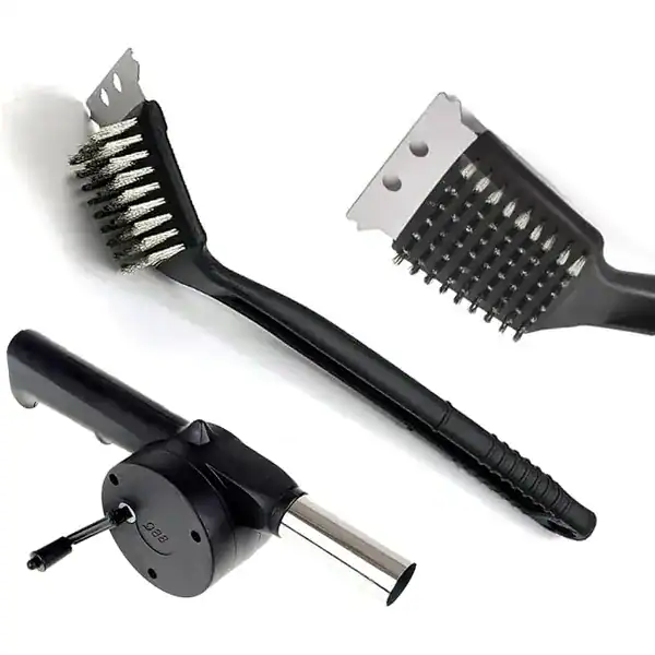 Kit com escova de aço, soprador e acendedor para churrasqueira