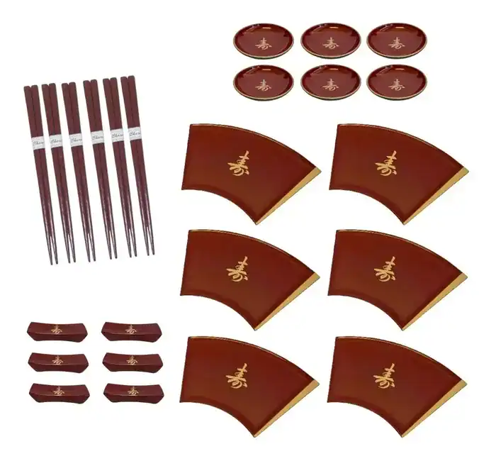 Kit Jantar Comida Japonesa 6 Pessoas Prato Leque Vermelho