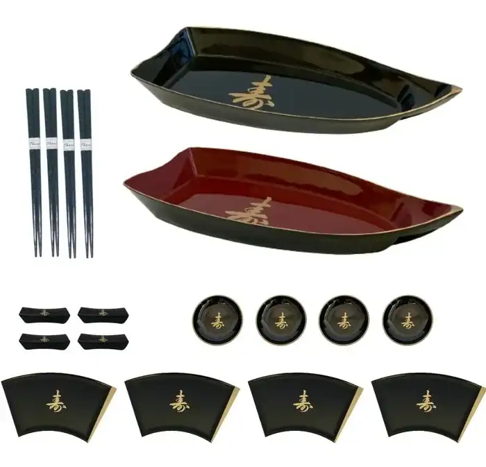 Kit Jantar P/ 4 Pessoas Comida Japonesa Sushi Preto 2 Barcas