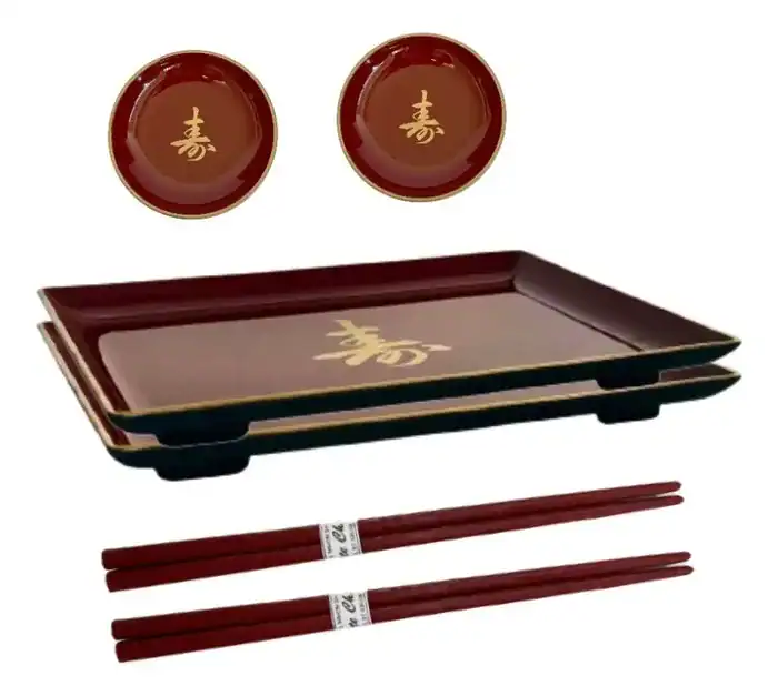 Kit Jogo P/ 2 Pessoas Jantar Japonês Molheira Prato Vermelho