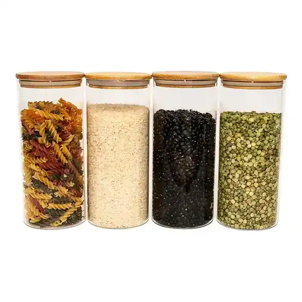 Kit 4 potes vidro mantimentos tampa bambu 1650ml organização cozinha