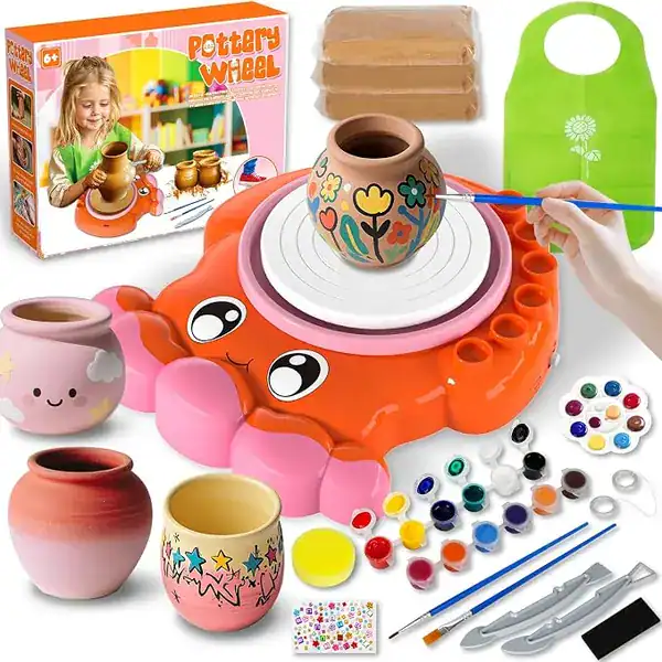 Kit de roda de cerâmica infantil colorida com argila, tintas e avental