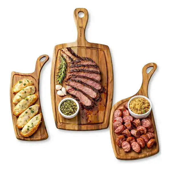 Kit tábua de churrasco em madeira teca com 3 peças para corte e serviço