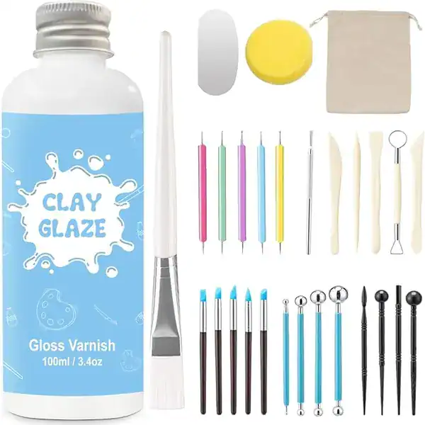 Kit com verniz gloss, pincel e ferramentas finas de detalhe para cerâmica