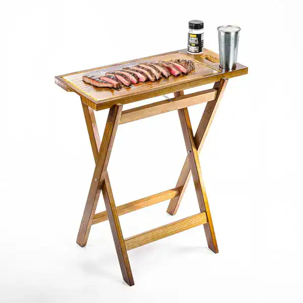 Mesa tábua de churrasco em madeira dobrável com cavalete