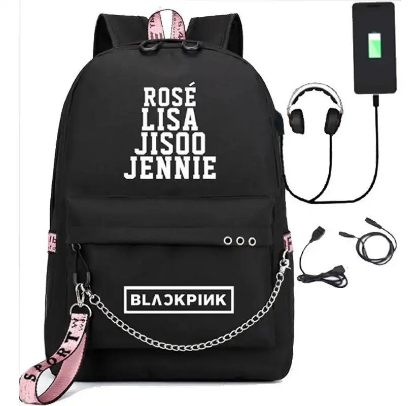 Mochila USB Para School Blackpink com Fones