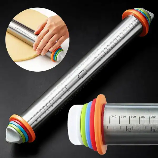 Rolo de massa inox ajustável com discos removíveis para espessura uniforme