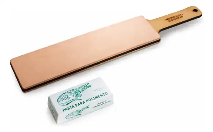 Strop De Couro Duplo + Pasta Jacaré Afiar Faca Canivete 145g