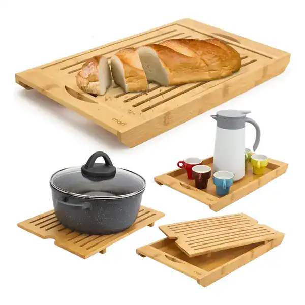 Tábua de corte migalheira para pães em bambu com bandeja coletora
