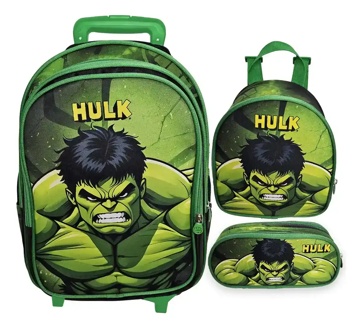 Kit Mochila Escolar de Rodinha com LED, Lancheira e Estojo — Hulk