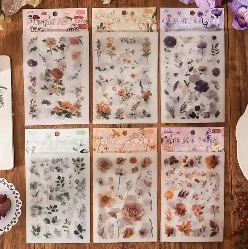 Adesivos Flores Folhas 6pcs Scrapbook Journal