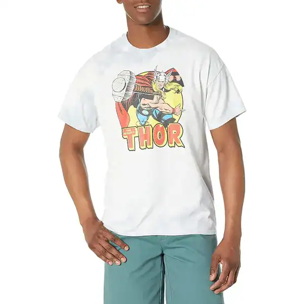 Camiseta branca masculina com estampa colorida do Mighty Thor da Marvel