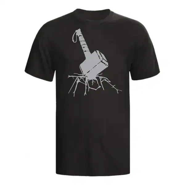 Camiseta preta com estampa minimalista do martelo do Thor de Ragnarok