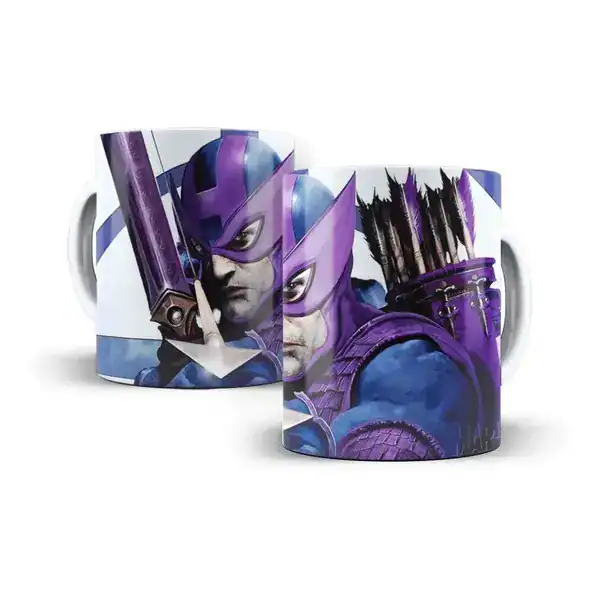 Caneca de cerâmica do Hawkeye Gavião Arqueiro com arte em tons de roxo