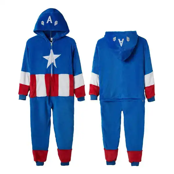 Macacão pijama de flanela com capuz reproduzindo o uniforme do Capitão América