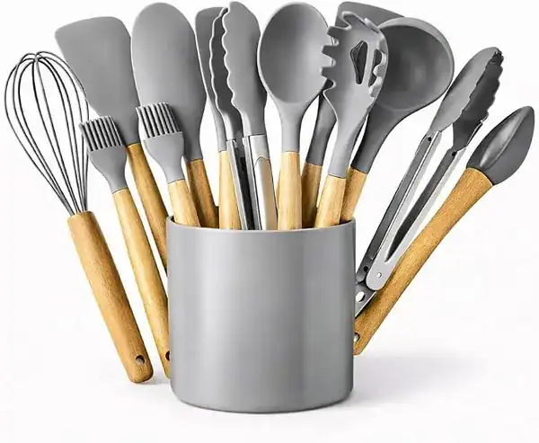 Conjunto 12 utensílios de silicone com escumadeira (cinza) — presente para quem gosta de cozinhar
