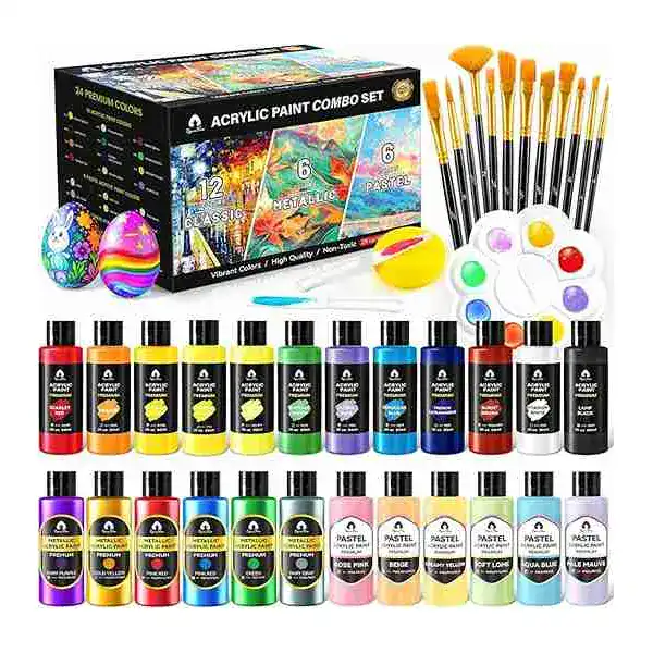 Conjunto de 40 tintas acrílicas nos acabamentos clássico, metálico e pastel