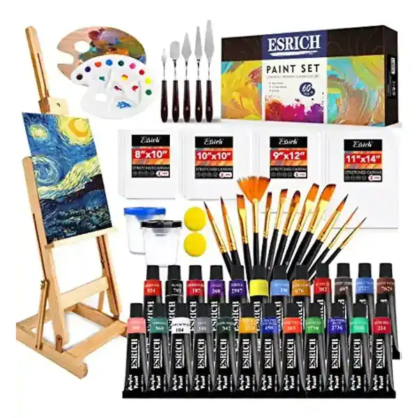 Conjunto de 60 peças com tintas acrílicas, pincéis e telas