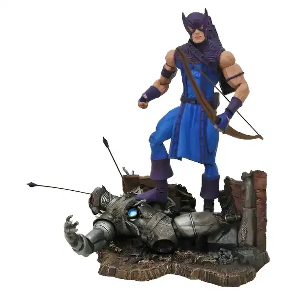 Estátua diorama Diamond Select Toys do Gavião Arqueiro clássico em traje roxo e azul