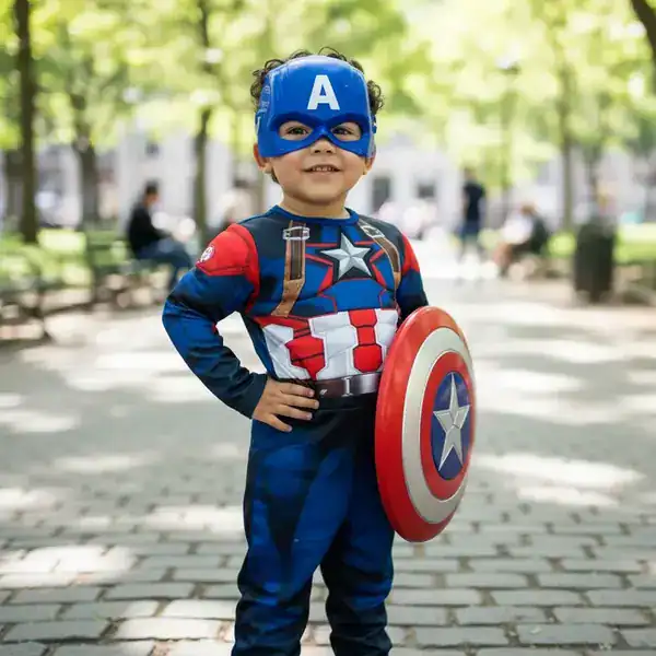 Fantasia infantil longa do Capitão América com enchimento, escudo e máscara