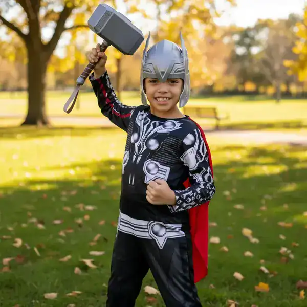 Fantasia infantil longa do Thor com enchimento no peitoral máscara e martelo