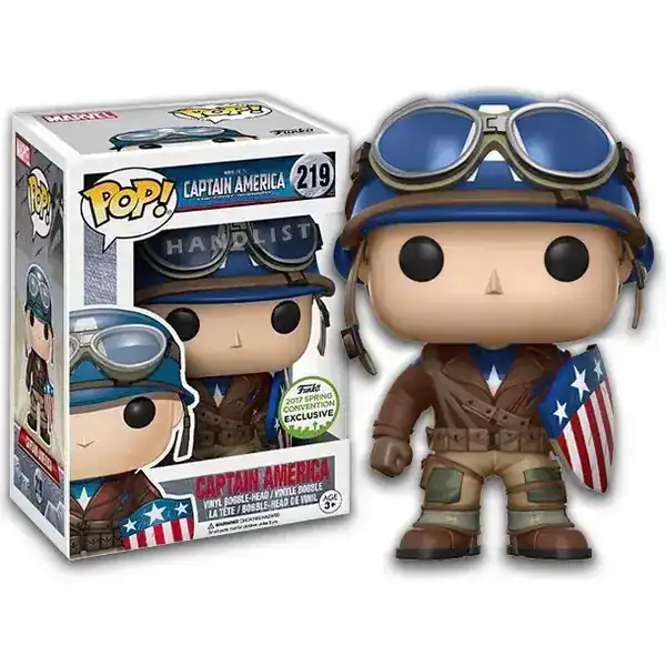 Funko Pop número 219 do Capitão América com jaqueta de aviador e óculos