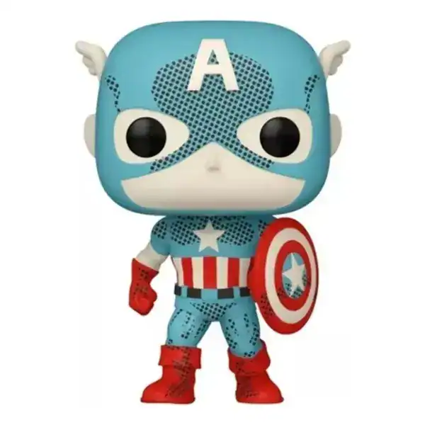 Funko Pop clássico do Capitão América com uniforme azul e escudo