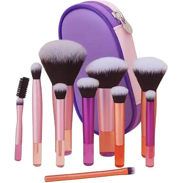 Kit com dez mini pincéis de maquiagem e estojo portátil