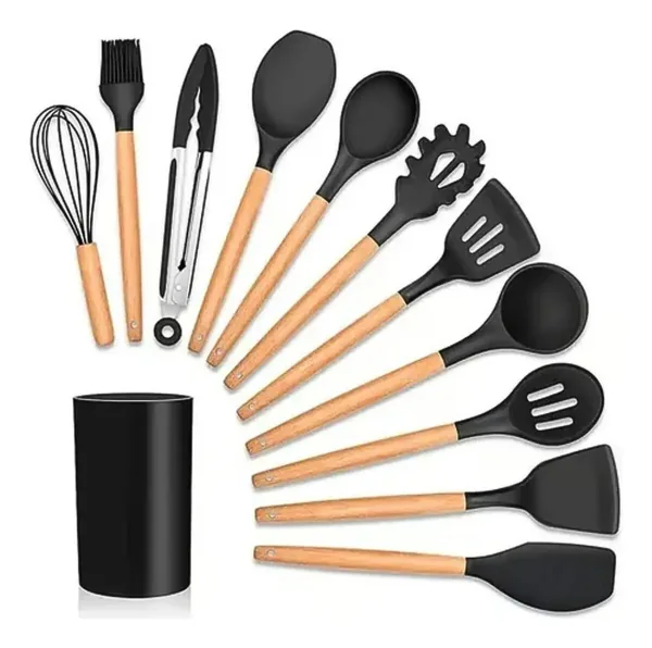 Kit 12 utensílios de cozinha em silicone e cabo de madeira — presente para quem gosta de cozinhar