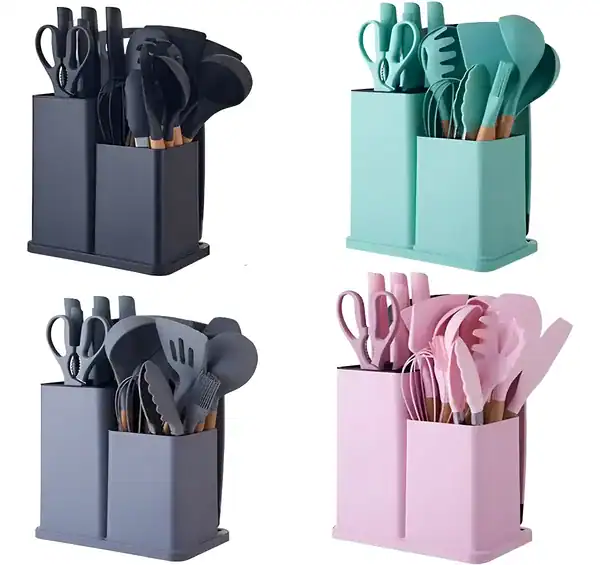 Kit 19 utensílios de cozinha em silicone com cabo de madeira — presente para quem gosta de cozinhar