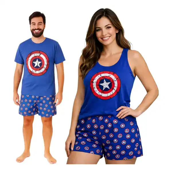 Kit com dois pijamas de casal em malha de verão estampados com o Capitão América