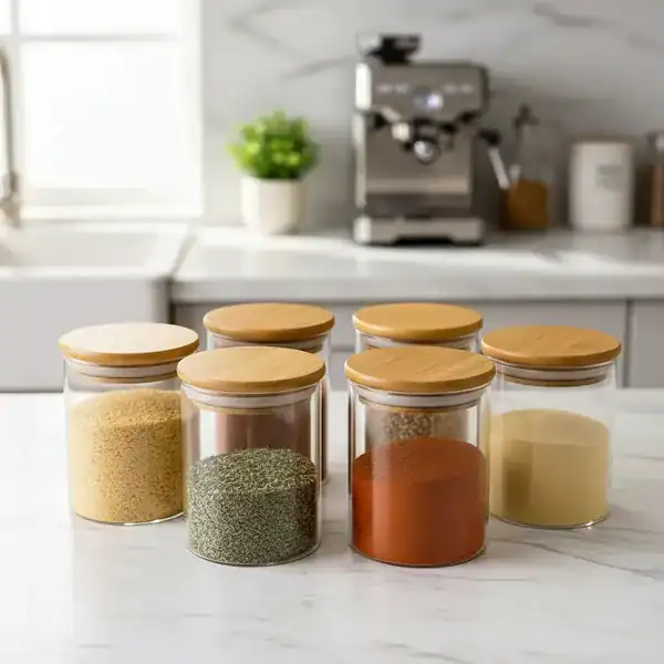 Kit 6 potes de vidro 200 ml com tampa de bambu, herméticos — presente para quem gosta de cozinhar